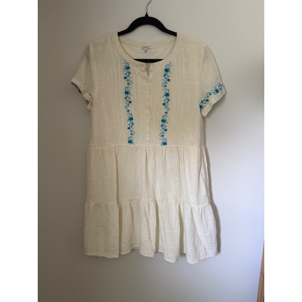 Jodifl Cream Floral Embroidered Tiered Cotton Babydoll Mini Dress Medium B1987